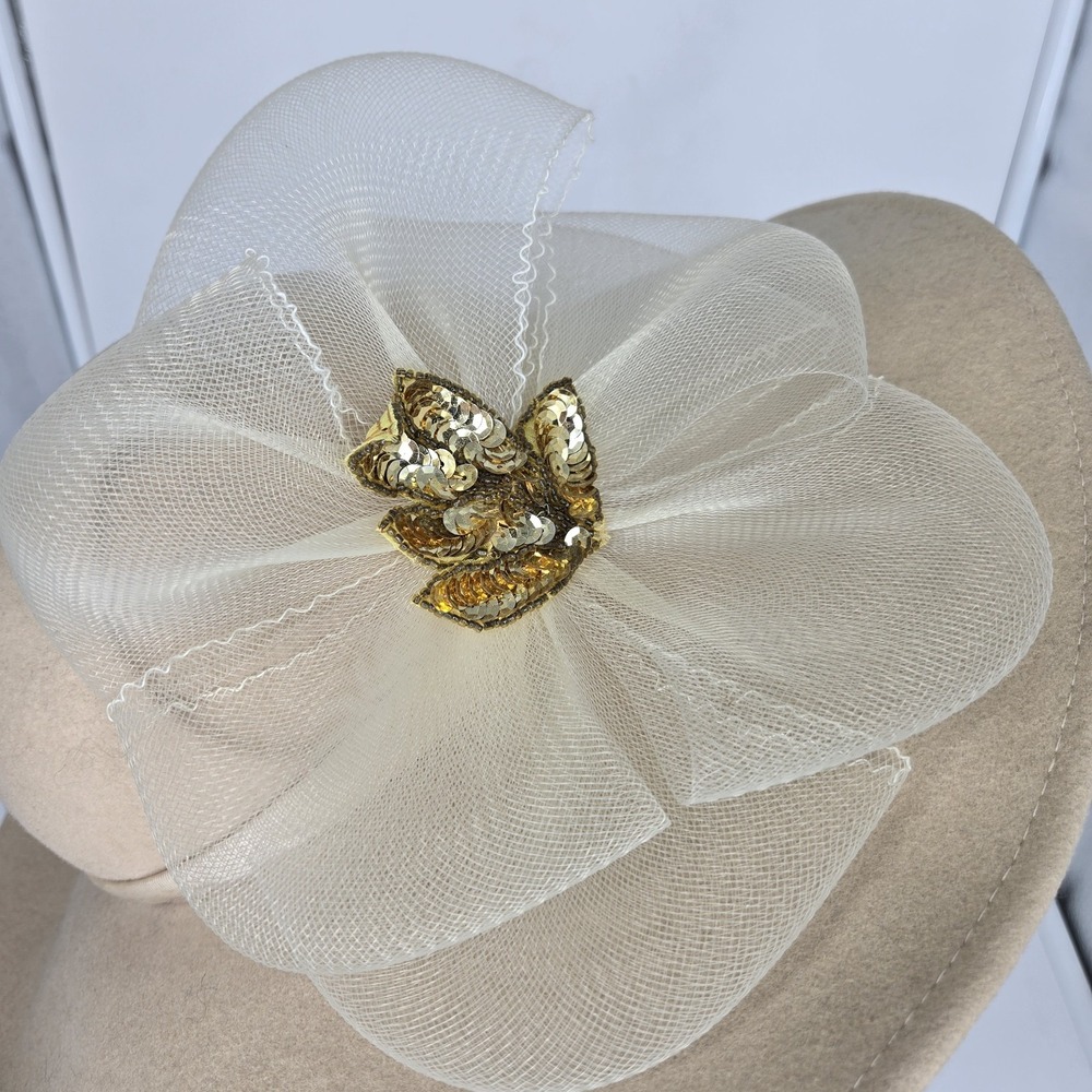 Vtg Bollman 100% Wool Doeskin Felt Wide Brim Hat Tan Neutral Tulle Sequins Glam - Picture 5 of 9